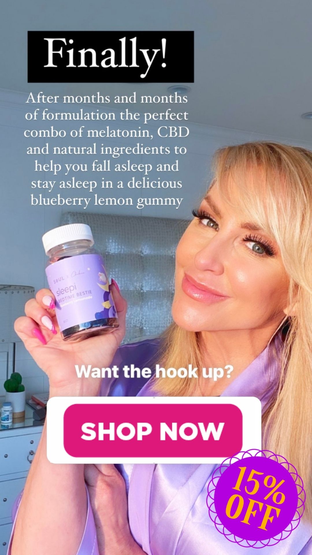 Chalene Johnson holding a jar of pills in her hand