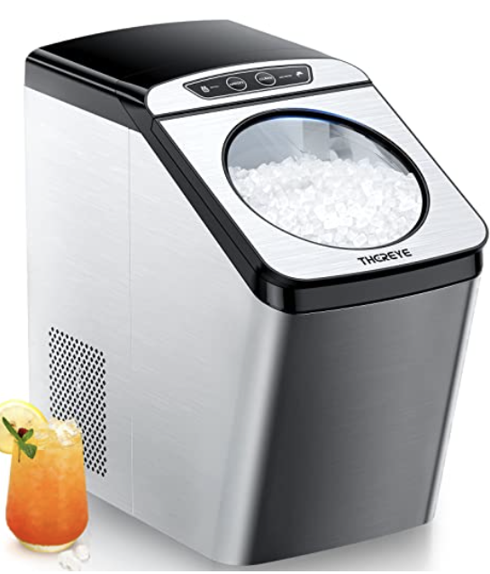 a silver and black ice maker